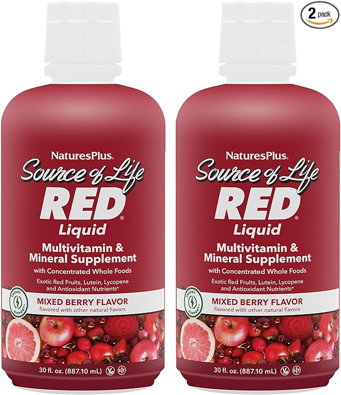 NaturesPlus Source of Life RED Multivitamin Liquid - 30 oz Pack of 2 - Energy &amp Immune Support - with Exotic Red Fruits Lycopene &amp Lutein - Vegetarian &amp Gluten Free - 60 Total Servings