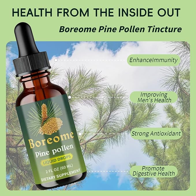 Pine Pollen Tincture - Pine Pollen Powder Liquid Drops for Men &amp Women - Vegan Sugar &amp Alcohol-Free Supplement - 2 fl oz