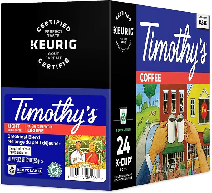 Timothy's Breakfast Blend Single-Serve Keurig K-Cup Pods Light Roast Coffee 96 Count (4 Boxes of 24 Pods)