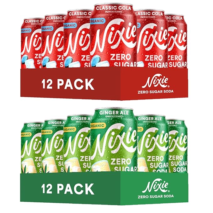 Nixie Organic Zero Sugar Soda Classic Cola &amp Ginger Ale 0 Sugar 0 Calories Healthy Soda Pop Non-GMO 12oz Cans (24 Pack)