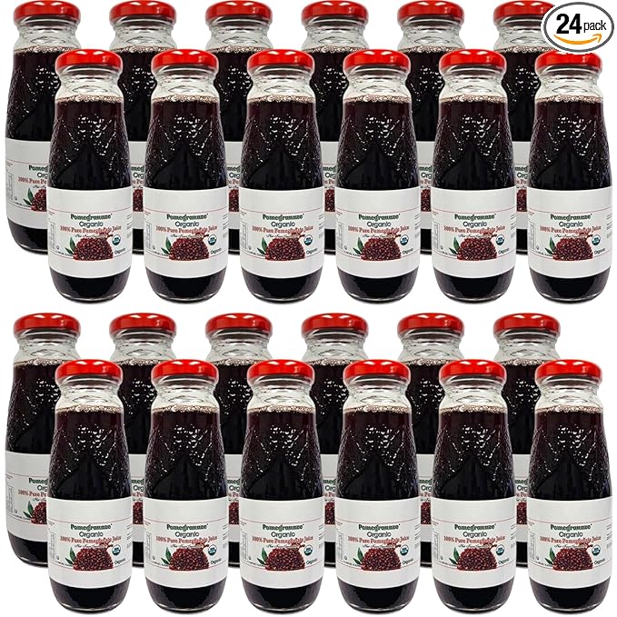 100% Organic Pomegranate Juice 6.7 Oz Glass Bottle (24 Pack) No Sugar No Artificial Colors No Preservatives No Flavors Added Gluten Free and Kosher