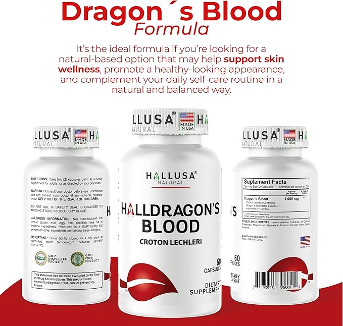 Dragon’s Blood Capsules 1000mg Croton Lechleri Extract (Sangre de Drago Sangre de Grado) Natural Digestion Support Skin Healing Ulcers Stomach Sensitivity Scarring Antioxidant Support 60 Count