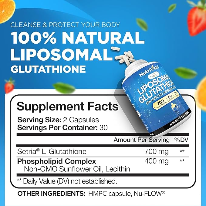 Nutrivein Premium Liposomal Glutathione Supplement 700 mg - 60 Caps - Pure Reduced Glutathione Setria - Master Antioxidant - Cell Protection Cleansing Liver Brain Vitality and Defenses