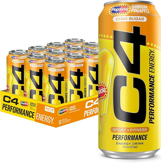 Cellucor C4 Energy Drink x Hawaiian Pineapple Popsicle Carbonated Sugar Free Pre Workout Performance Drink with no Artificial Colors or Dyes 16 Oz Pack of 12