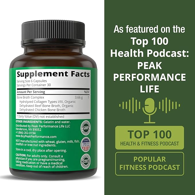 Peak Performance Bone Broth Collagen Capsules - 180 Pills of Grass Fed Bone Broth Collagen Protein Peptides - Contains All 3 Types 1 2 and 3 - Pure Pasture Raised Paleo Friendly for Women &amp Men