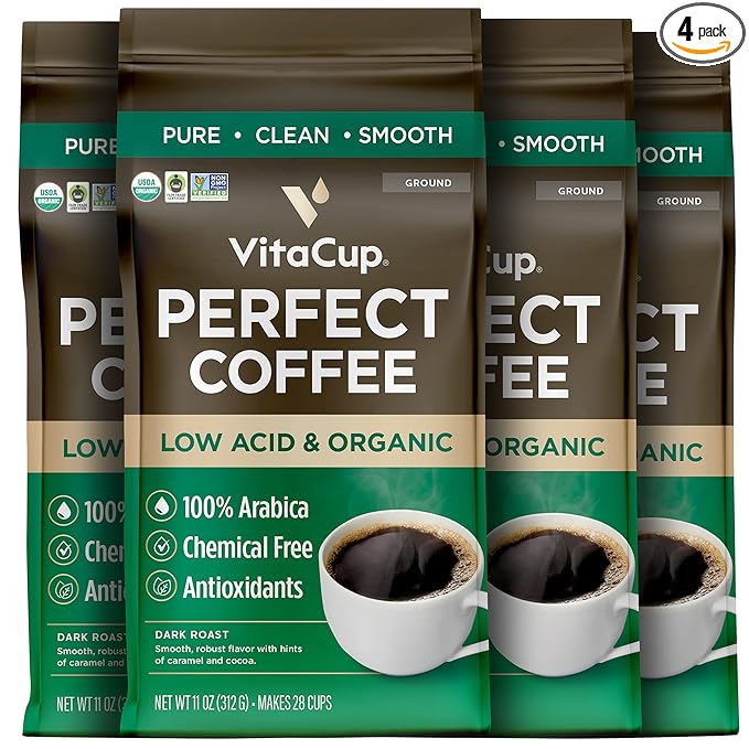 VitaCup Perfect Low Acid Coffee Ground USDA Organic &amp Fair Trade Mycotoxin Free Dark Roast Guatemala Single Origin Clean &amp Pure for Drip Coffee Brewers and French Press 4 bags 11oz each