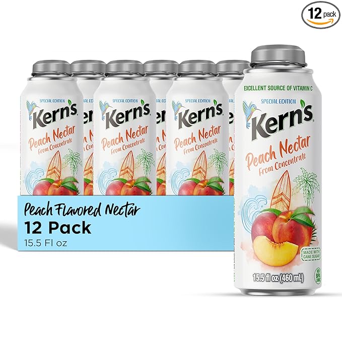 Kern’s Peach Nectar Lata Botella - Made with Fresh Fruit Puree &amp Peach Juice Concentrate for Fruit Smoothie Mix Cocktail Mixers &amp Kids Beverages - 15.5oz 12 Pack Resealable Juice Bottles