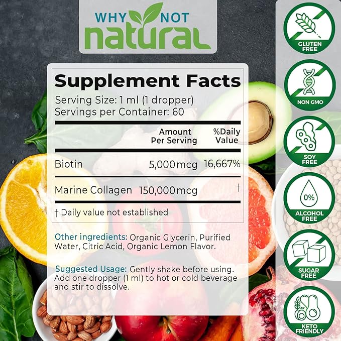 Why Not Natural Liquid Collagen Plus Biotin Drops for Women and Men - Supplement for Hair Skin and Nails