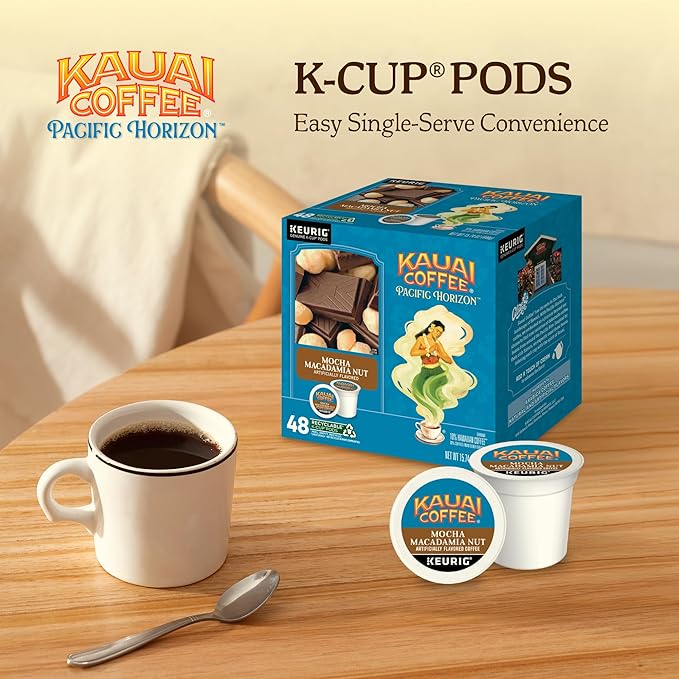 Kauai Coffee K-Cup Pods for Keurig Brewers – Arabica Coffee 10% Hawaiian – Medium Roast Savory and Chocolatey Aroma – Mocha Macadamia Nut 1 Pack of 48 Single Serve K-Cups
