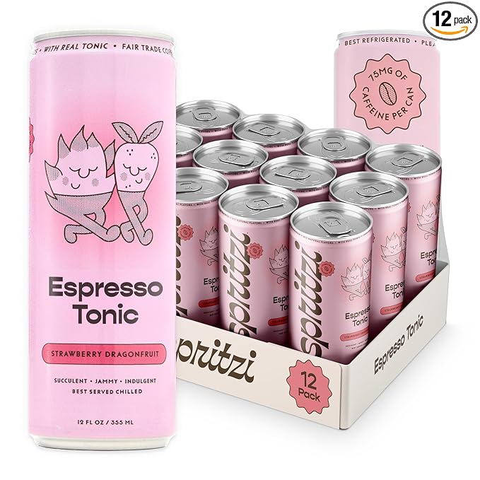 Spritzi Strawberry Dragonfruit - Sparkling Espresso Tonic - 75mg Caffeine 9g Sugar Fair Trade Coffee Naturally Sweetened Refreshing Energy Alternative - Canned Coffee Drinks (12 Fl Oz x 12 Pack)