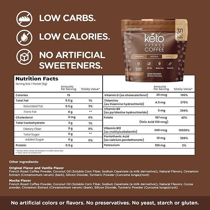 Keto Vitals Instant Keto Coffee Powder with MCT Oil &amp Vitamins - Low-Calorie Unsweetened Instant Coffee Packets Single Serve - Keto Coffee Instant Mix in Original Vanilla &amp Mocha Flavors -