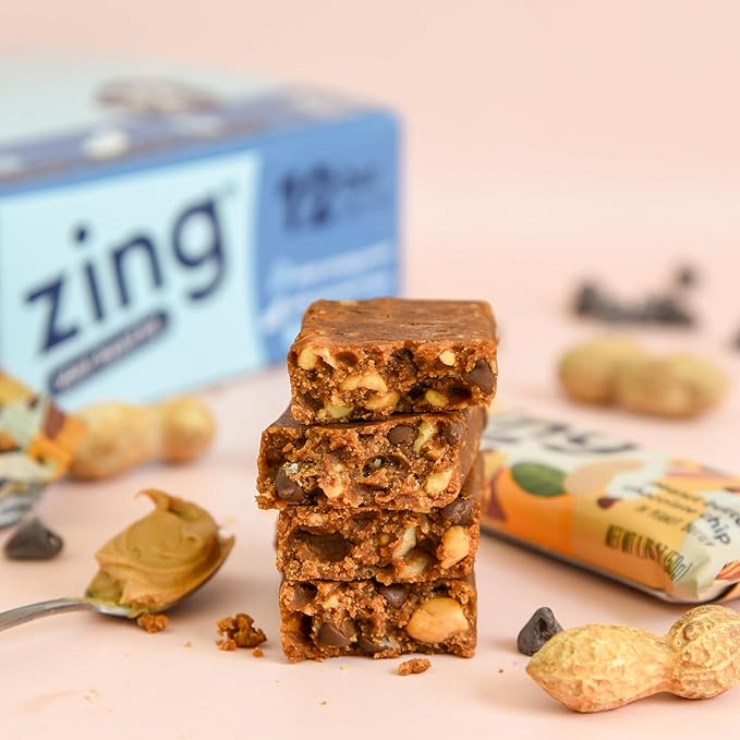 Zing Peanut Butter Chocolate Chip Vegan Protein Bars Gluten Free with High Protein High Fiber Dairy Free Nutrition Bars Plant Based Protein Kosher Low Sugar No Sugar Alcohols - 12 count