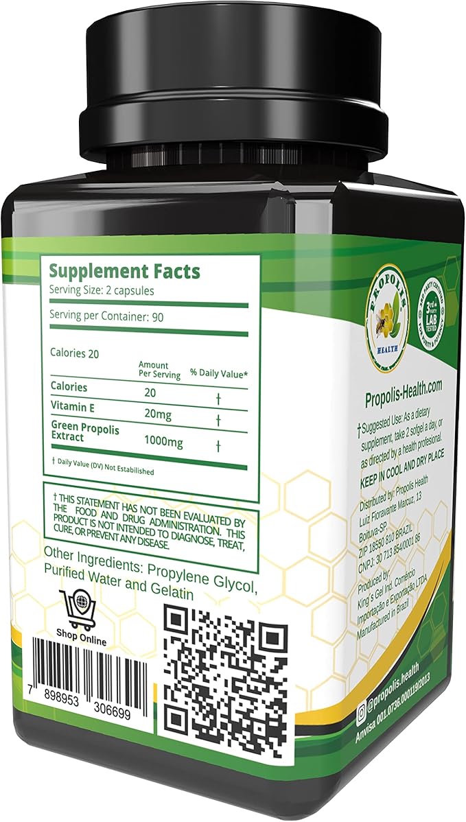 Propolis Health Propolis Capsules 1000mg-Daily with Vitamin E Per dose - Brazilian Green Propolis Extract - Immune Booster 50 Days Supply Propolis (180 Capsules)