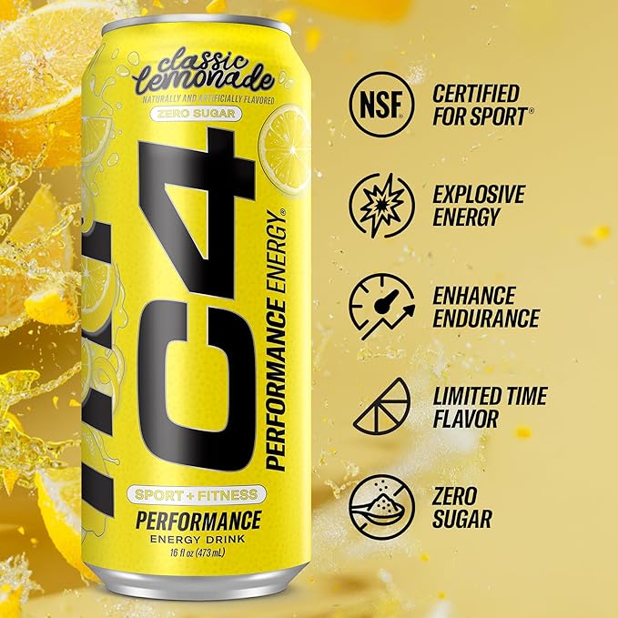 C4 Energy Drink Lemonade Limited Edition Carbonated Sugar Free Pre Workout Performance Drink with no Artificial Colors or Dyes 16oz Pack of 12