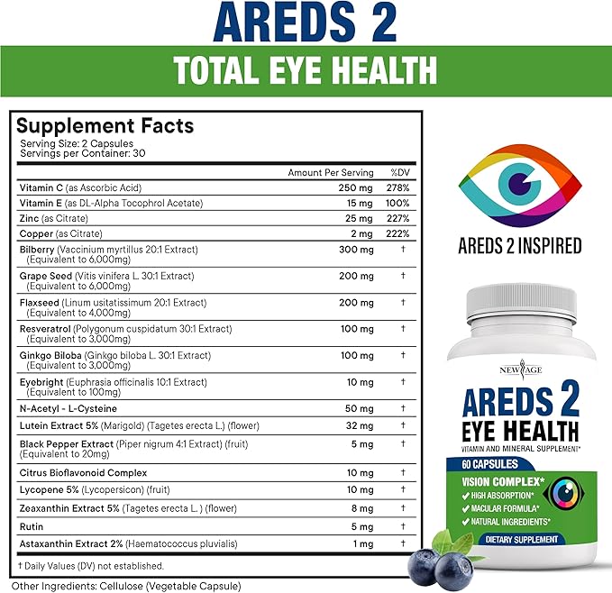 NEW AGE AREDS 2 Eye Vitamins - Lutein Zeaxanthin Bilberry Astaxanthin Mineral Vision Supplement - 180 Count