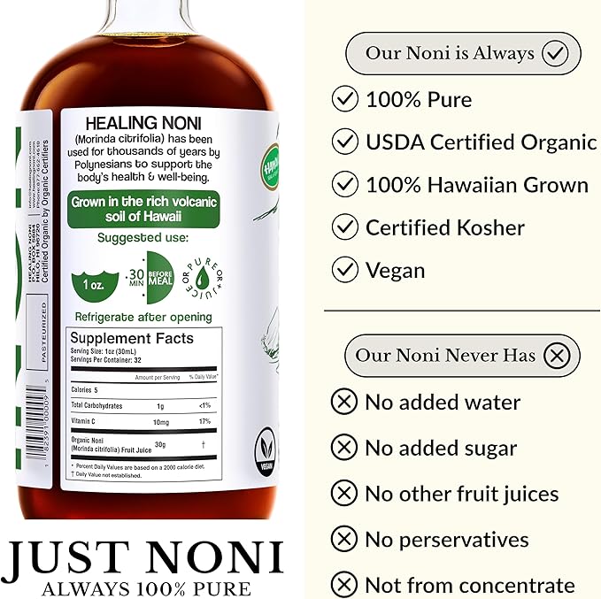 Healing Noni - 100% Pure Noni Juice - USDA Organic Full Strength Wellness Drink Hawaiian-Grown Superfood - (32oz 4 Pack)