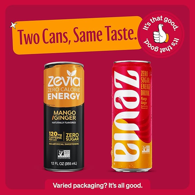 Zevia Zero Sugar Energy DrinkMango Ginger12 oz Cans – Naturally SweetenedZero Calorie Sugar Free Energy - Non-GMO Project VerifiedGluten-FreeVegan(Pack of 24)