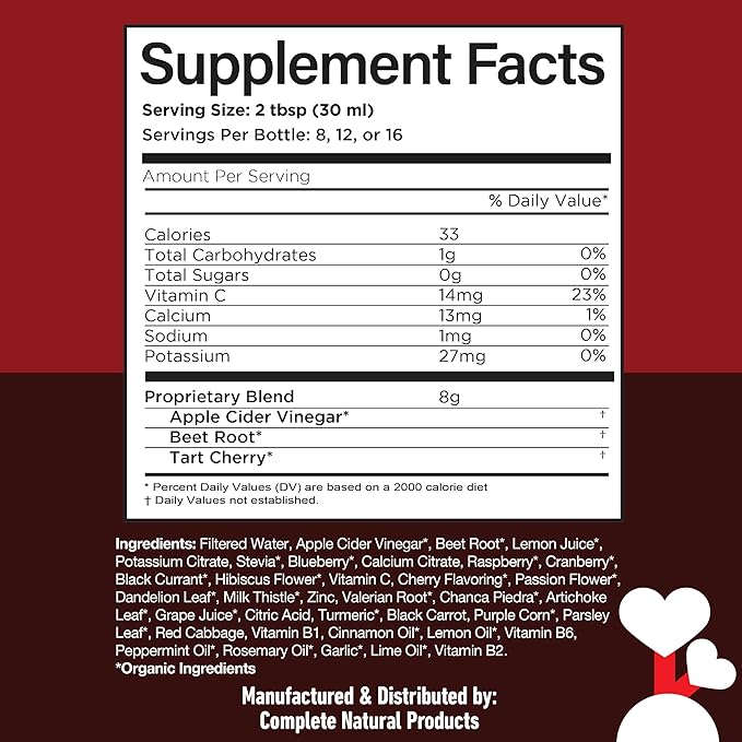 Complete Natural Products Uric Acid Complete - 16oz Liquid Supplement to Support Uric Acid Cleanse Kidney Health &amp Circulation with Apple Cider Vinegar Tart Cherry &amp Beet Root.