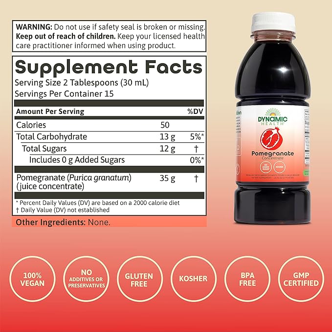 Dynamic Health Pomegranate Juice Concentrate Natural Antioxidants and Polyphenols No Additives or Preservatives Vegan Gluten Free 16oz