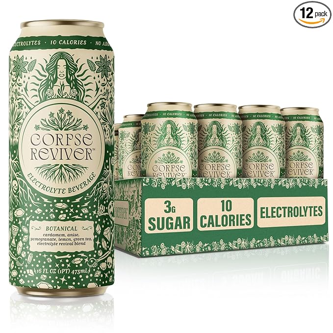 Corpse Reviver: Electrolyte Hydration Drink | Organic Non-Alcoholic 175mg Magnesium 325mg Potassium 75mg L-Theanine 20mg Zinc 20mg Sodium (Canned Flavored Sparkling Water) Botanical 12-Pack