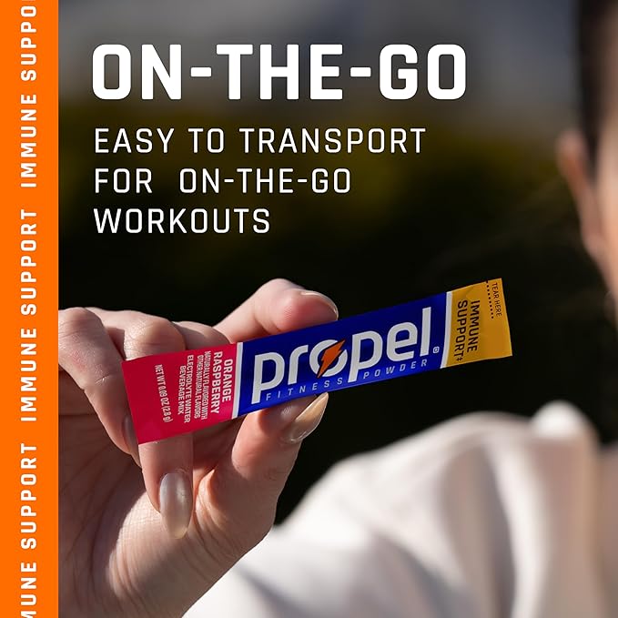 Propel Immune Support Electrolyte Enhanced Water Drink Mix Powder Packets Orange Raspberry 100% DV Vitamin C Zero Sugar Hydration with Electrolytes &amp Vitamins (120 Packets) (Pack of 240)