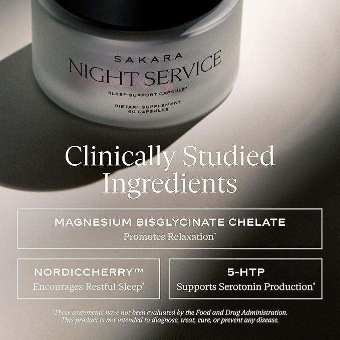SAKARA Night Service Sleep Support – Natural Assistance for Better Sleep with Magnesium Glycinate NordicCherry™ &amp 5-HTP for Calming Deep Sleep – Supports A Full Sleep Cycle – 60 Capsules