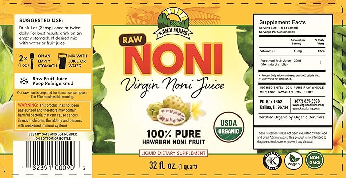 Virgin Noni Juice - RAW (Unpasteurized) 100% Pure Organic Hawaiian Noni Juice - 4 Pack of 32oz Glass Bottles