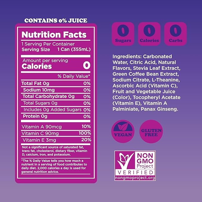 FEEL Zero Sugar Natural Energy Drink – Blackberry Pomegranate 140mg Plant-Based Caffeine with L-Theanine for Focus Vitamin C for Immunity Vegan Non-GMO No Artificial Sweeteners 12 Fl Oz Cans (12