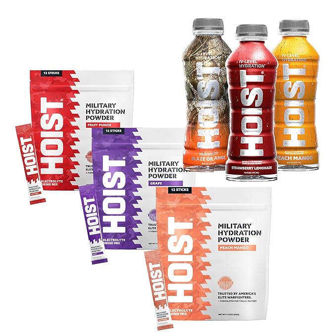 HOIST Premium Military Hydration Bundle – Variety Pack Drinks + Grape Peach Mango &amp Fruit Punch Powder Sticks – Rapid Electrolyte Hydration for Performance