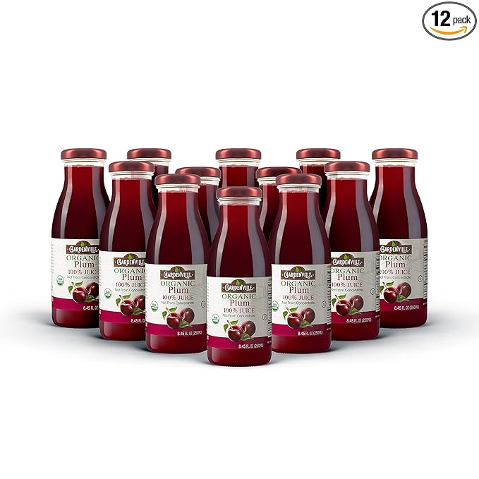 Gardenville Organic Plum Juice (Pack of 12) USDA Organic No Added Sugar U Kosher Certified Pasteurized 8.4 oz Glass Bottles (Plum)