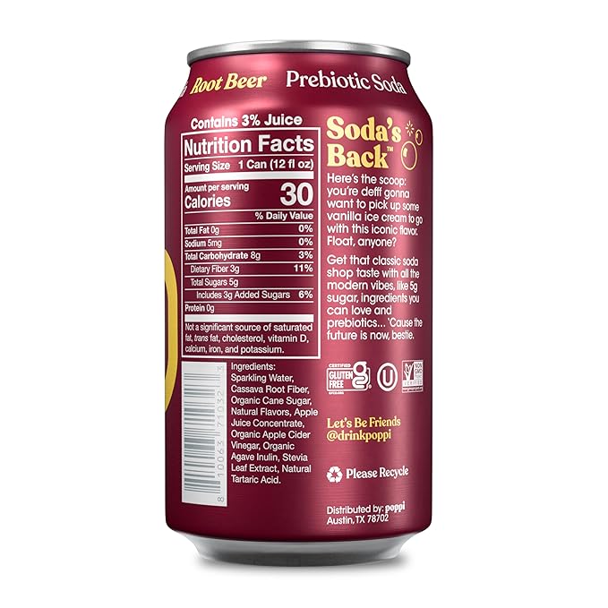Poppi Sparkling Prebiotic Soda Beverage with Apple Cider Vinegar Seltzer Water and Fruit Juice Root Beer Flavor 12 Fl Oz Pack of 12 Packaging May Vary