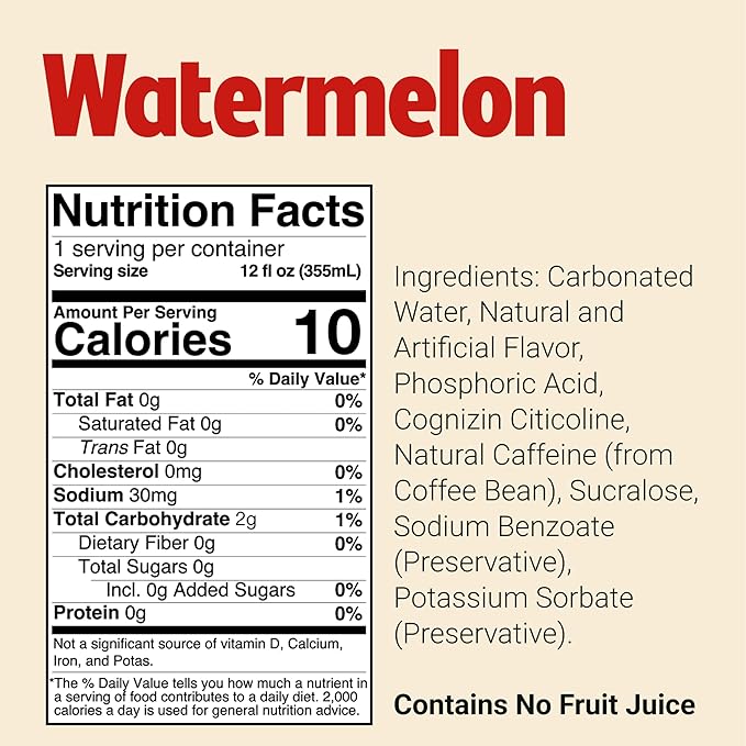BUM Sugar-Free Energy Drink Watermelon - Lightly Carbonated &amp No Artificial Colors Natural Caffeine &amp Citicoline for Energy &amp Focus Brain Boost &amp Workout Sports Beverage - 12 oz Pa