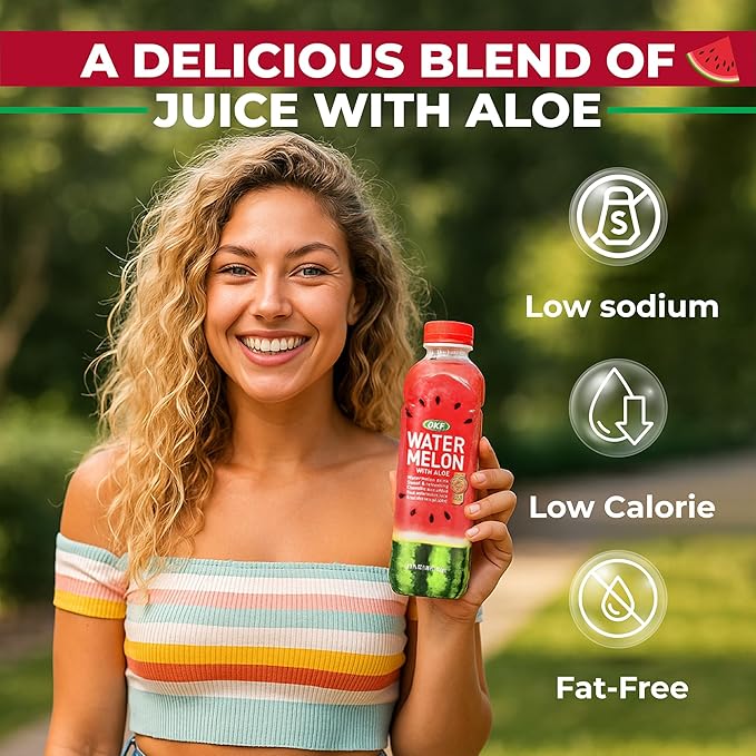 OKF Aloe Vera Juice Drink Watermelon Pure with Chunks of Aloe Original 16.9 Fl Oz (Pack of 20) No Preservatives No Artificial Color Plant Based Korean Drinks