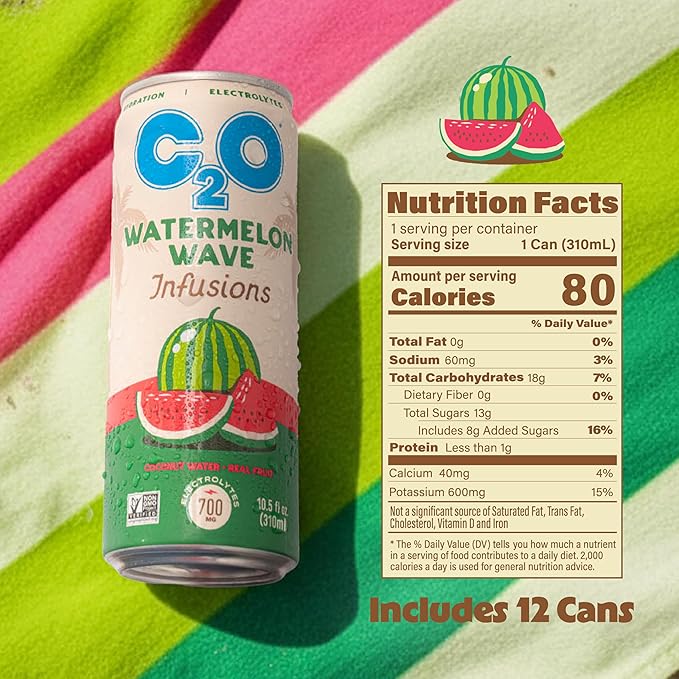 C2O - Coconut Water Infusions - Watermelon Wave (12 Pack) - 700mg of Electrolytes - Made with Fresh Coconut Water + Real Fruit Juice - Plant Based Natural Hydration Non GMO - 12 Slim Cans 10.5 fl oz