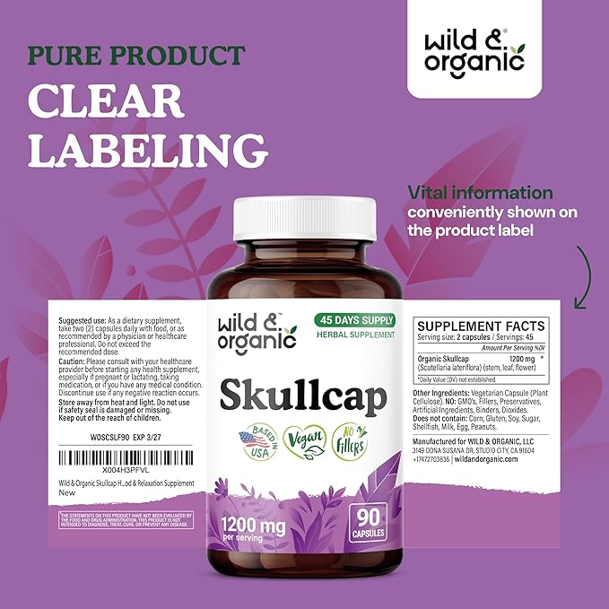 Wild &amp Organic Skullcap Capsules 1200 mg - Calming Skullcap Herb Supplement - 90 Capsules - Scutellaria Lateriflora Leaf Extract - 45 Days of Supply - Vegan No Fillers Non-GMO
