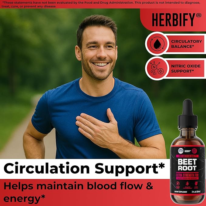HERBIFY Beet Root Extract - Blood Pressure Supplement &amp Nitric Oxide Booster - Beetroot Supplement for Heart Health and Energy Booster for Men &amp Women (30 Days Supply) Made in USA 2 FL Oz