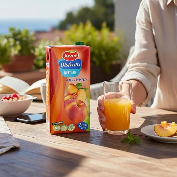 Juver Disfruta Sugar-Free Spanish Peach Fruit Drink 2 Liters (67.6 fl oz). Natural Peach Nectar No Added Sugars 6 Pack Box Delicious Healthy Nectar Drink – Made from Premium Sun-Dried Spanish Frui