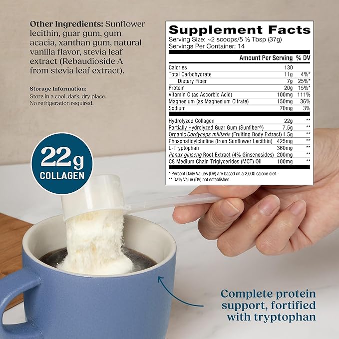 Bulletproof Energy Collagen Protein Powder Vanilla Bean 20g Grass-Fed Collagen Peptides 7g Fiber with MCT Oil &amp Adaptogens Caffeine-Free 18.3 Ounces