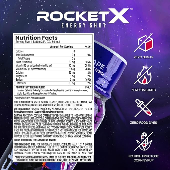 RocketX Energy Drink Zero Sugar Zero Calorie Beverage with Caffeine and B Vitamins Grape Flavor 3 fl oz Portable Bottle Pack of 12