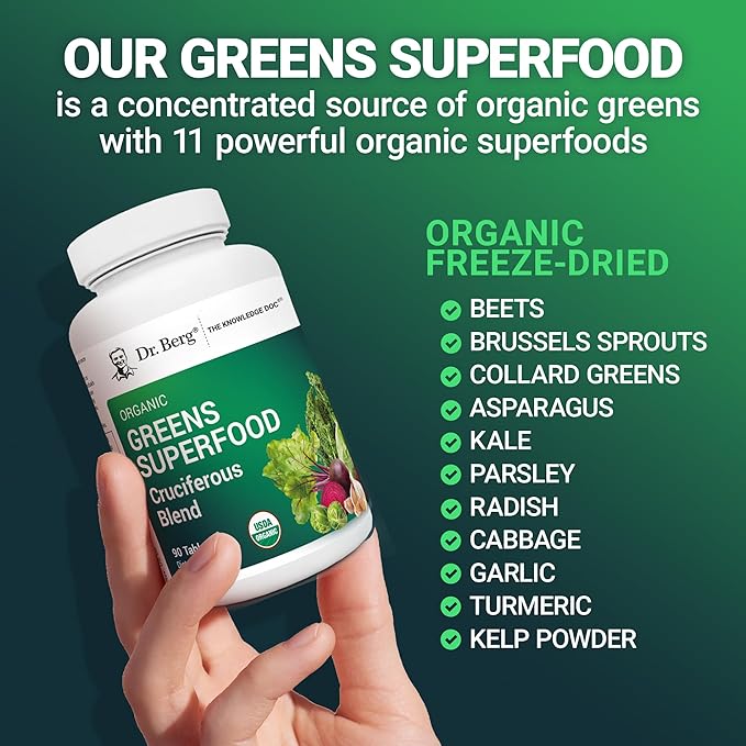 Dr. Berg's Greens Superfood Cruciferous Vegetable Tablets - Vegetable Supplements for Adults w/ 11 Phytonutrient Super Greens - Energy Immune System &amp Liver Veggie Tablets - 90 Tablet