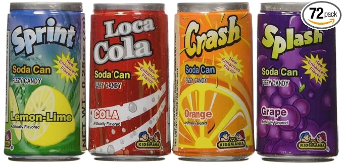 Kidsmania Soda Can Fizz Candy Variety Pack: Sprint Lemon Lime Loca Cola Crash Orange Splash Grape - 0.25 Ounce 72-Pack