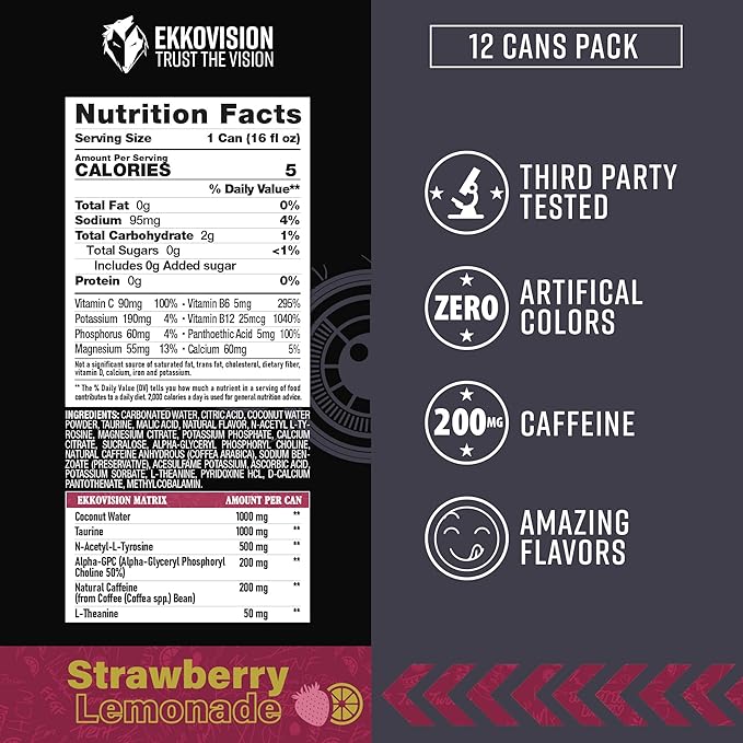 Ekkovision Energy Drink Variety Pack 200 MG Natural Caffeine With Coconut Water L Theanine Alpha Gpc &amp L Tyrosine For Balanced Energy Electrolytes &amp Smooth Hydration 16 Fl Oz Can 12 Pac
