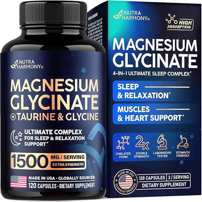 Magnesium Glycinate - Sleep &amp Relaxation Support - Extra Strength Glycinate Glycine &amp Taurine 1500 mg - Magnesium Supplement for Women &amp Men - Chelated &amp High Absorption - Made in USA