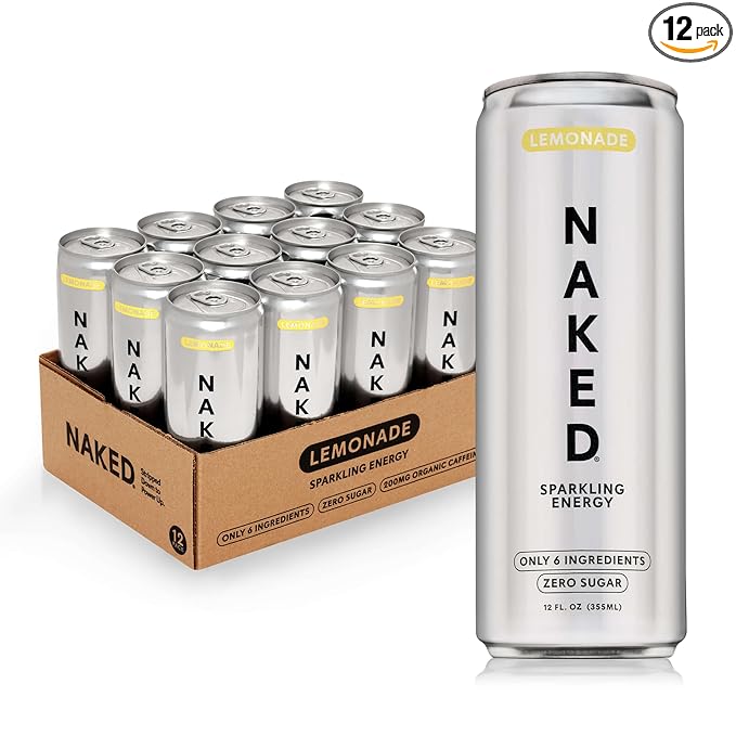 Naked Sparkling Energy Drink - Lemonade Organic Caffeine Organic Lemon Juice Zero Sugar No Sucralose Naturally Sweetened Clean Energy Drinks Vegan Gluten-Free Non-GMO - 12oz Cans (Pack of 12)