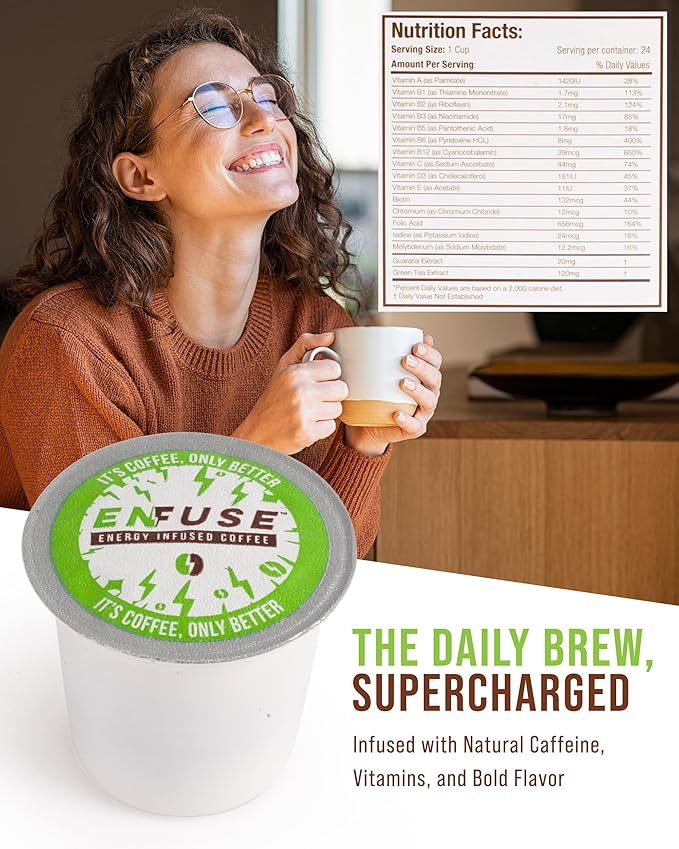 EnFuse by VitaPerk Vitamin Coffee with 15 Essential Nutrients - Gluten Free with Low Calorie Focus Coffee with Extra Caffeine Arabica Beans Medium Roast Blend  24 Pods Compatible with Keurig K-Cup Br