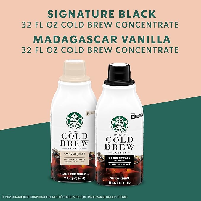 Starbucks Cold Brew Coffee Concentrate Signature Black and Naturally Flavored Madagascar Vanilla Multi-Serve 2 Bottles (32 Fl Oz Each) (Pack of 2)