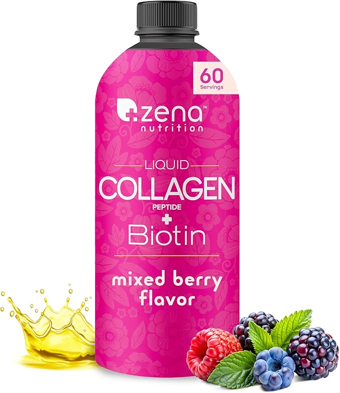 Zena Nutrition Liquid Collagen for Women &amp Men (Type 1 &amp 3) &amp 5000mcg Biotin 2500mg Verisol Bioactive Collagen Peptides Hair Skin Nail Supplement Mixed Berry Colageno 60 Servings 20