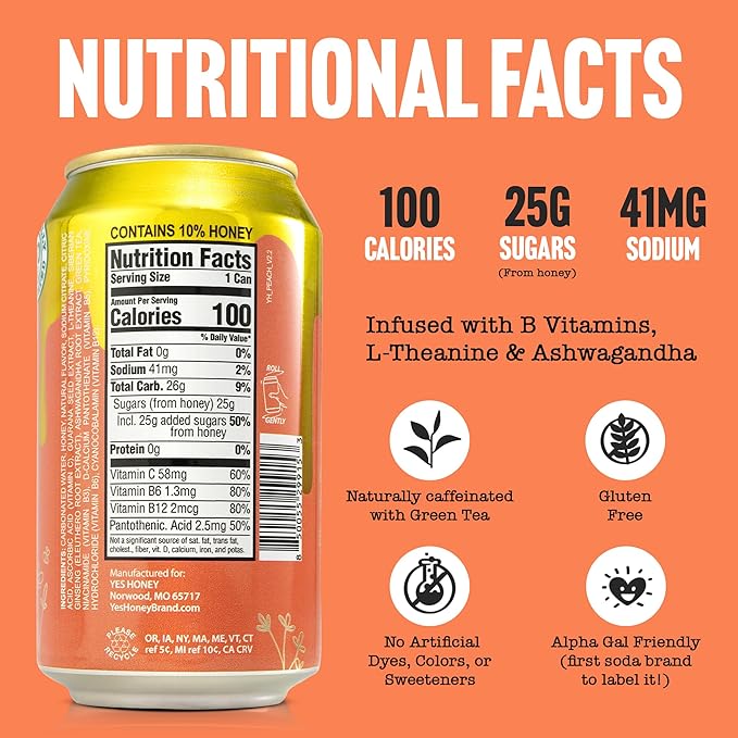 Yes Honey Sparkling Peach Tea 11oz (12-Cans) 100% Honey-Sweetened Alpha Gal Friendly Naturally Caffeinated with Green Tea with B Vitamins L-Theanine and Ashwagandha