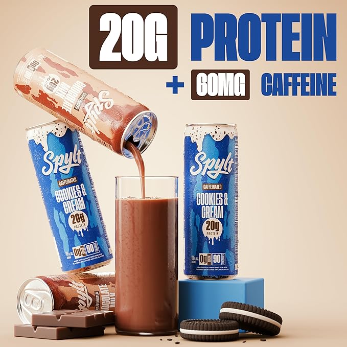 Spylt High Protein Chocolate/Cookies &amp Cream Milk with 60mg Caffeine &amp 20g Protein - 90 Calories Ready to Drink Sugar Free Lactose Free Milk Perfect for Workout Recovery &amp Afternoon Pi