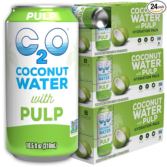 C2O - Coconut Water with Pulp (24 Pack 3 Boxes of 8) - Made with Fresh Coconut Water - Plant Based Non GMO Canned Water - Natural Hydration Essential Electrolytes &amp Potassium - 24 Cans 10.5 F